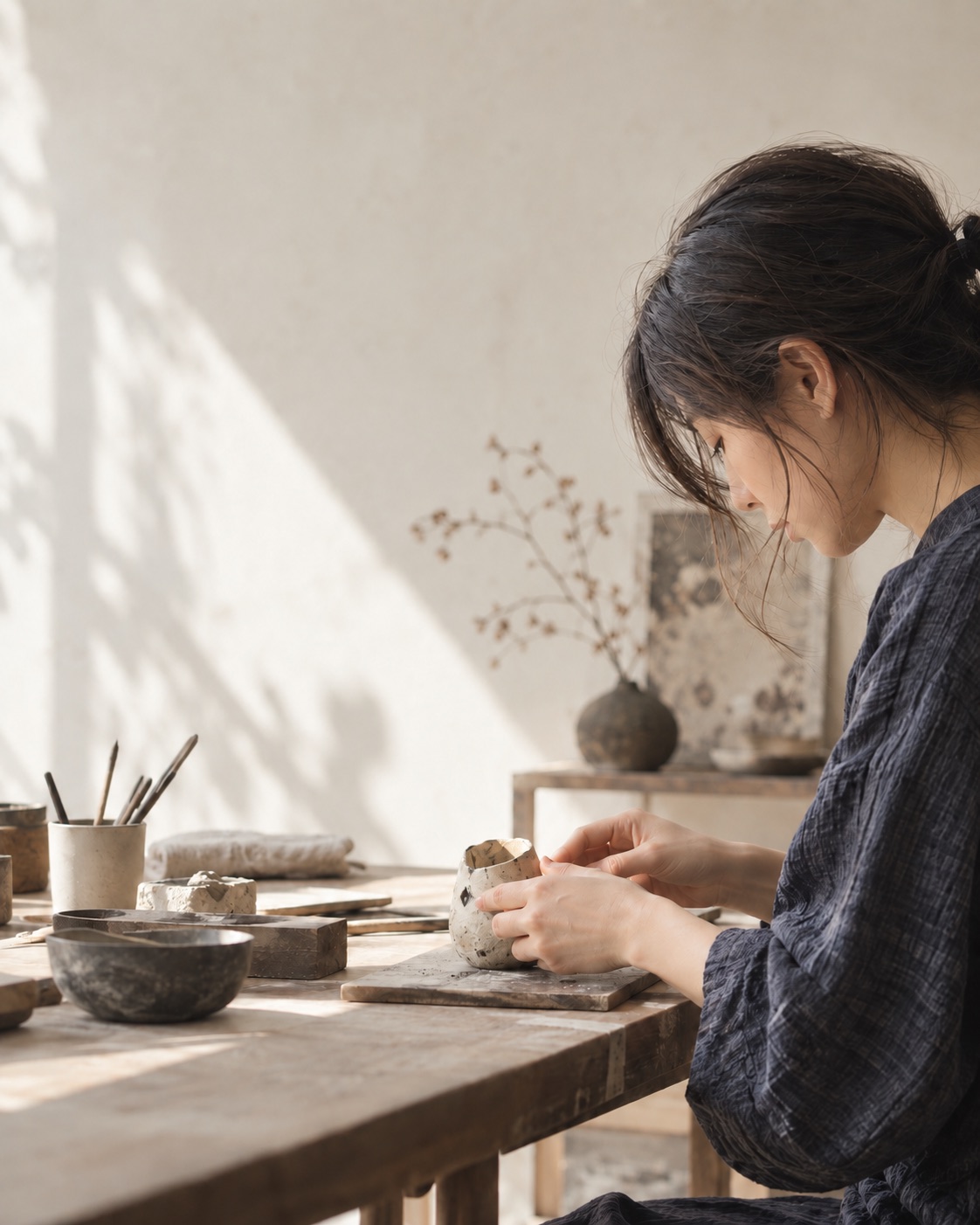土を手にする陶芸家